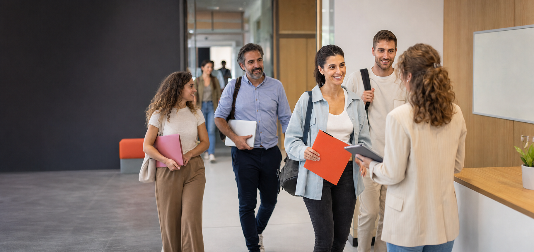 Estudiantes conversando con una coordinadora en una sede de formación